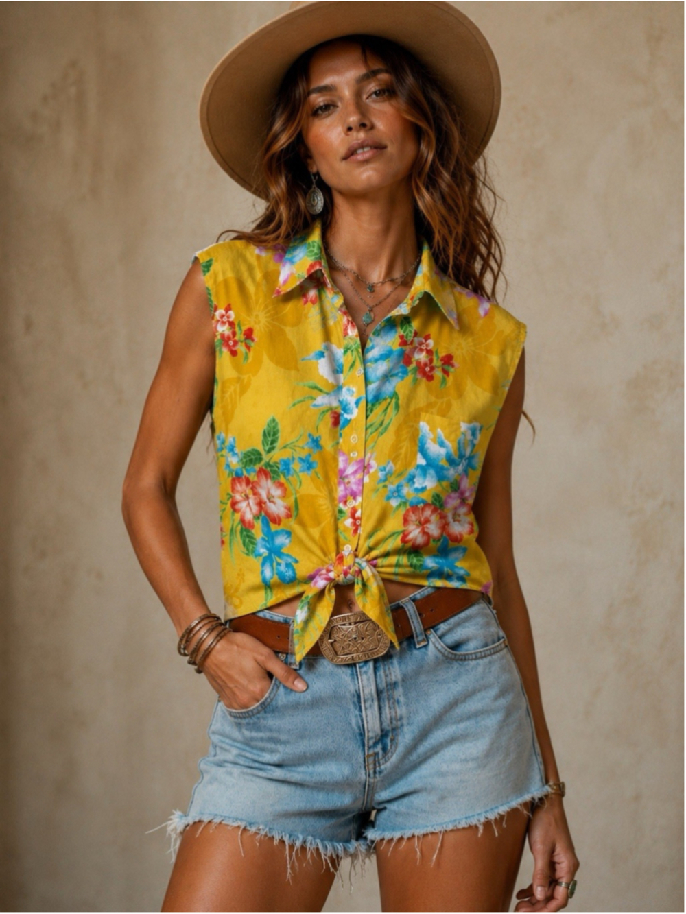 Lauren Ralph Lauren Yellow Hawaiian Floral Button Up Top 3X Boho Western Vacay